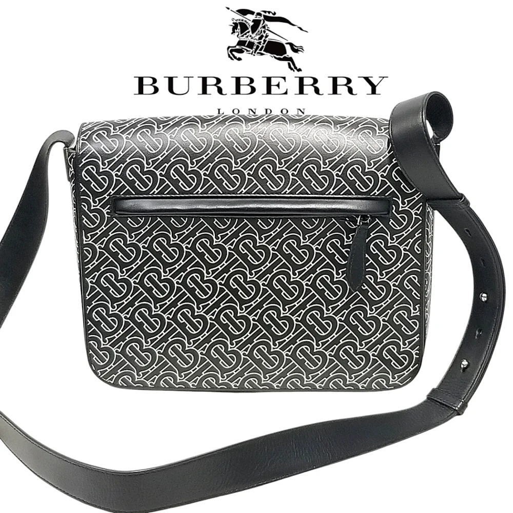 BURBERRY Calfskin Monogram TB Print Black and White Messenger Crossbody Bag